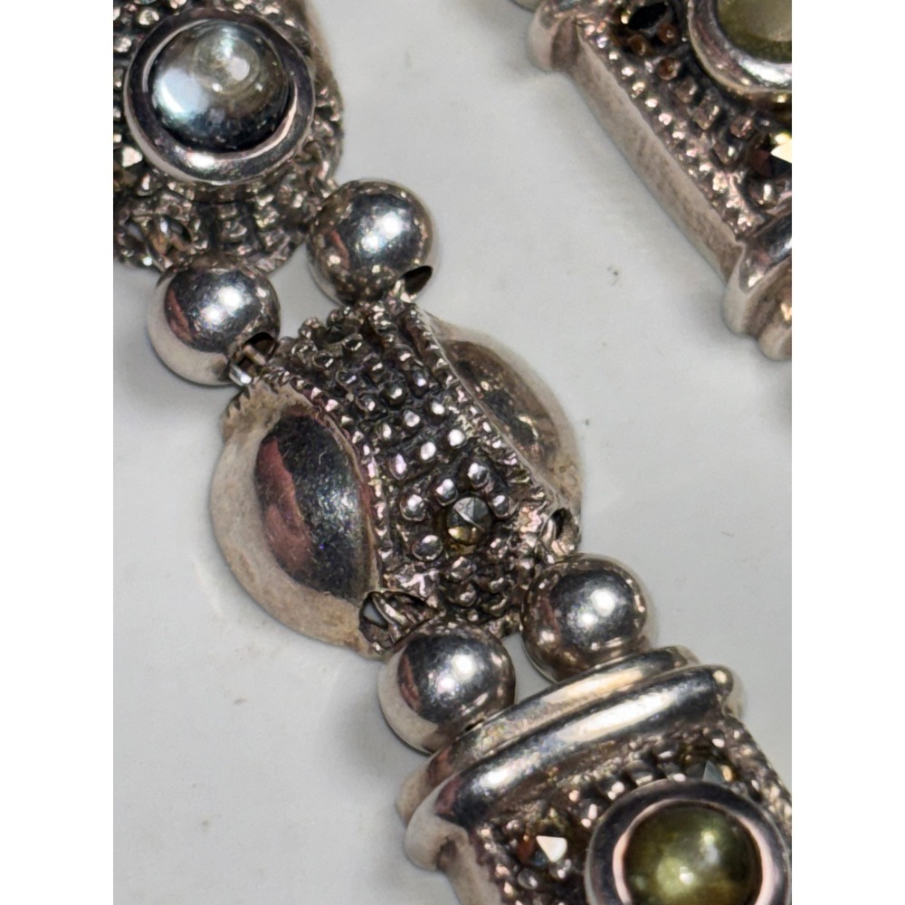 Vintage Sterling Silver Multi Gemstone Marcasite Ornate Link Bracelet 925 - Picture 8 of 13